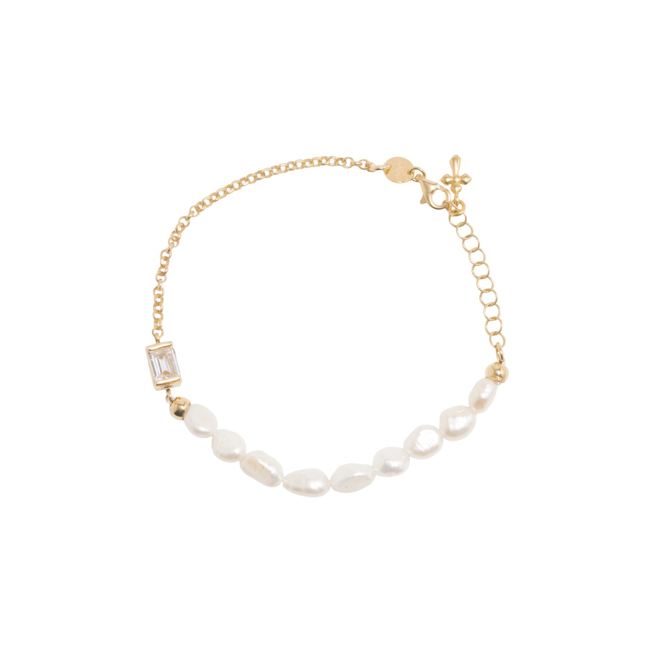 Βραχιόλι επιχρυσωμένο με πέρλες και ζιργκόν, με σταυρό (code BEN392/BZB)